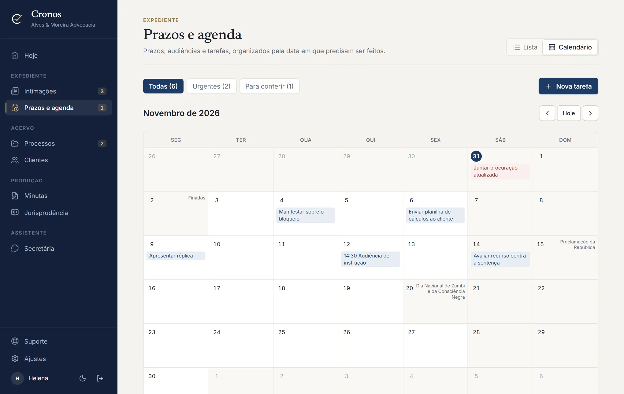 Agenda de prazos do Cronos em formato de calendário, com tarefas nos dias de vencimento