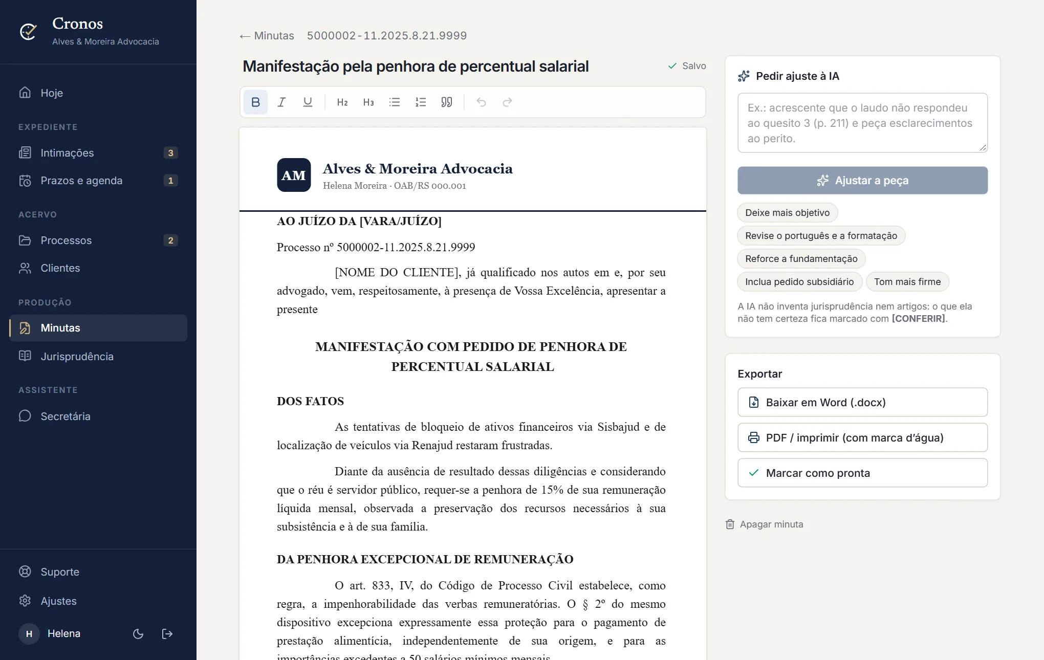 Editor de minutas do Cronos com uma petição no papel timbrado do escritório