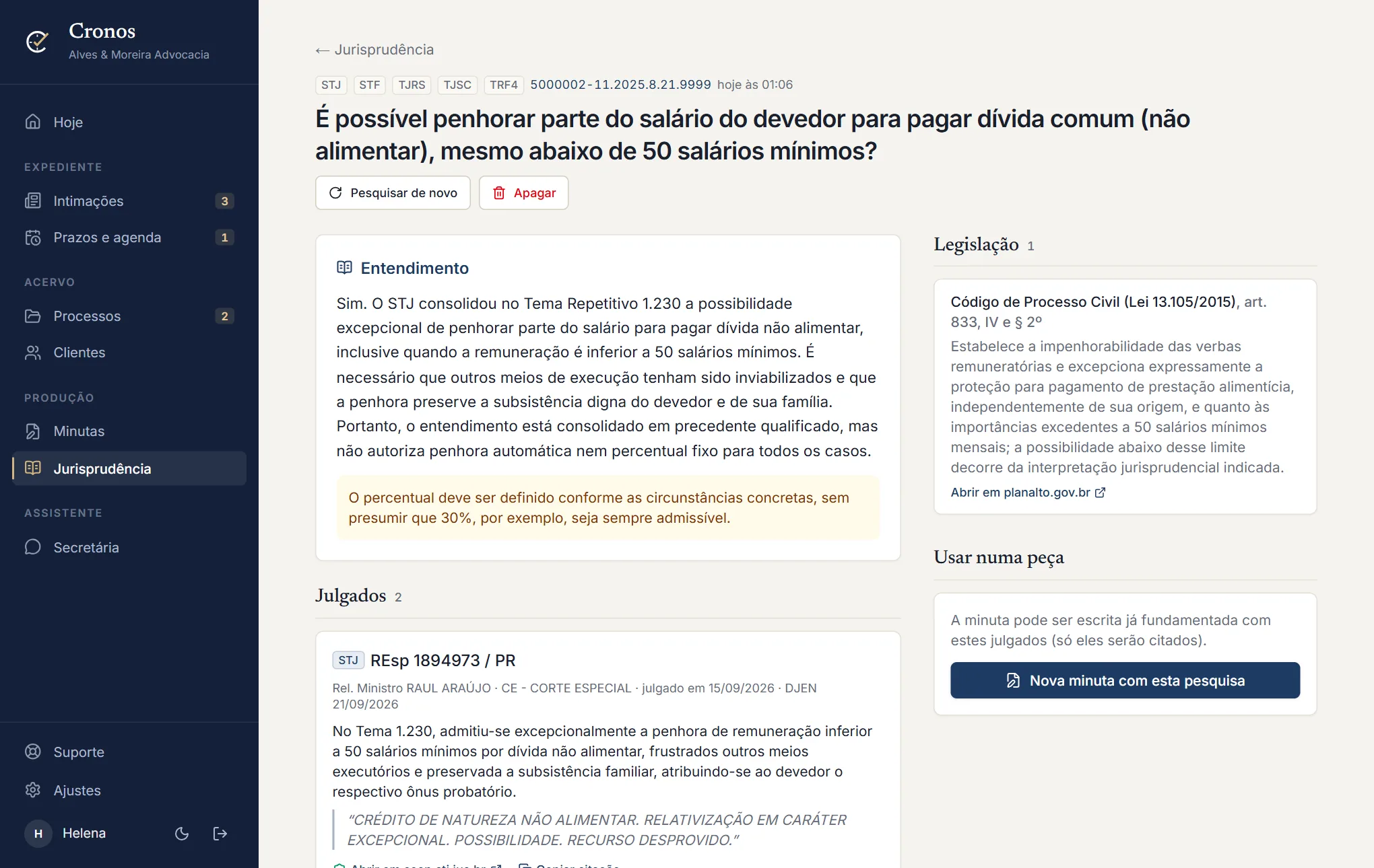 Resultado de pesquisa de jurisprudência no Cronos, com o entendimento e a legislação aplicável